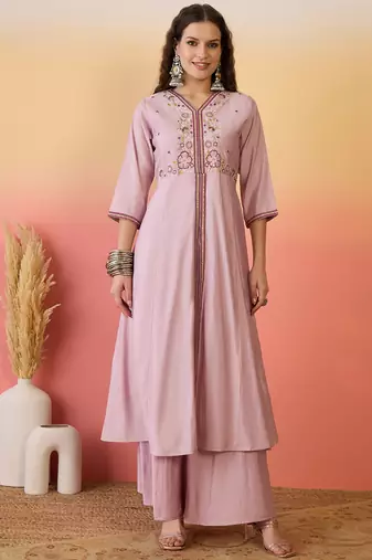 Pink color resham embroidered festive wear ceremonial kurta set