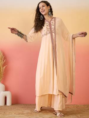 Peach color resham embroidered festive wear ceremonial kurta set 1