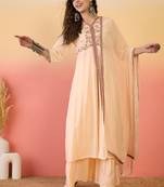 Peach color ethnic resham embroidered festive wear ceremonial kurta set