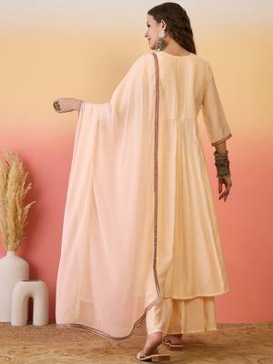 Peach color resham embroidered festive wear ceremonial kurta set 2