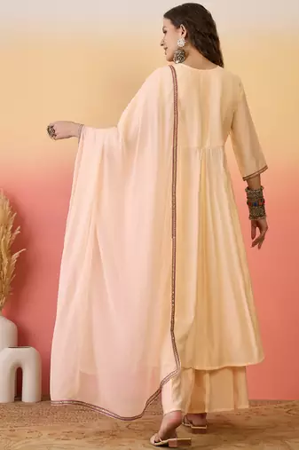 Peach color resham embroidered festive wear ceremonial kurta set