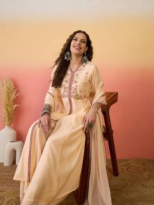 Peach color resham embroidered festive wear ceremonial kurta set 3