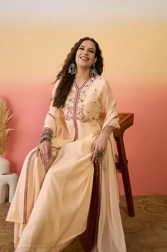 Peach color resham embroidered festive wear ceremonial kurta set