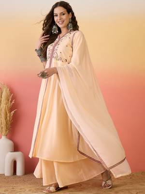 Peach color resham embroidered festive wear ceremonial kurta set 4