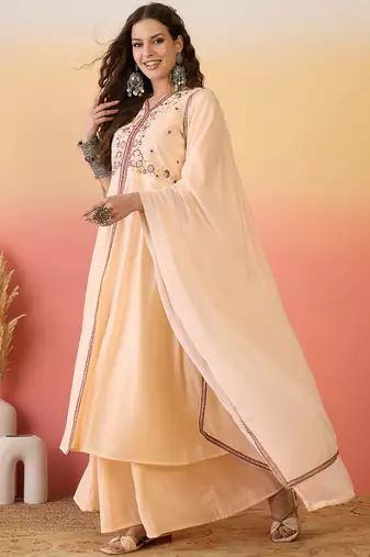 Peach color resham embroidered festive wear ceremonial kurta set