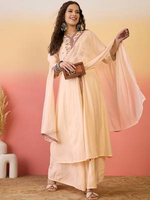 Peach color resham embroidered festive wear ceremonial kurta set 5