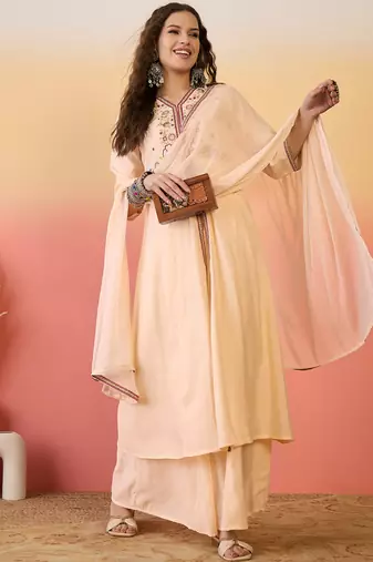 Peach color resham embroidered festive wear ceremonial kurta set