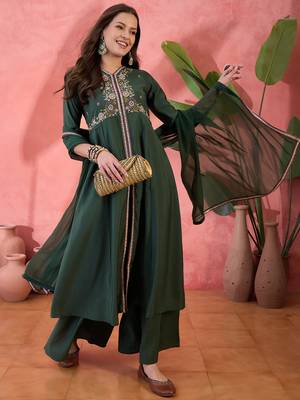 Green color resham embroidered festive wear ceremonial kurta set 1