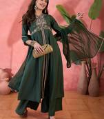 Green color ethnic resham embroidered festive wear ceremonial kurta set