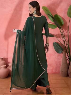 Green color resham embroidered festive wear ceremonial kurta set 2