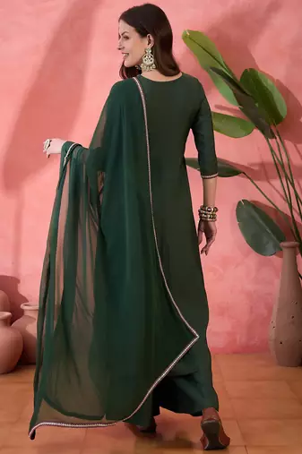 Green color resham embroidered festive wear ceremonial kurta set