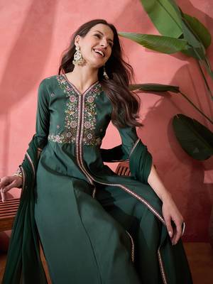 Green color resham embroidered festive wear ceremonial kurta set 3