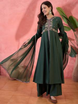 Green color resham embroidered festive wear ceremonial kurta set 4
