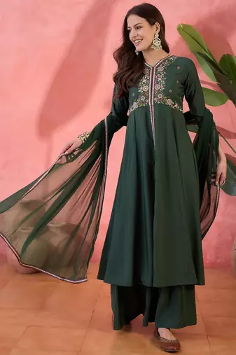 Green color resham embroidered festive wear ceremonial kurta set