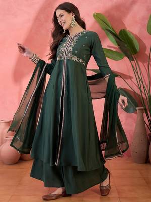 Green color resham embroidered festive wear ceremonial kurta set 5