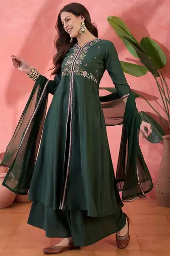 Green color resham embroidered festive wear ceremonial kurta set