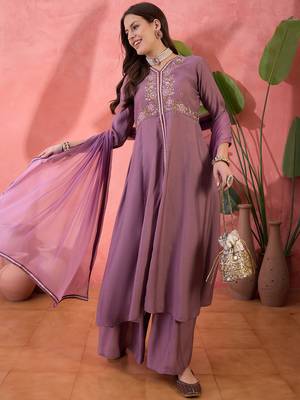Purple color resham embroidered festive wear ceremonial kurta set 1