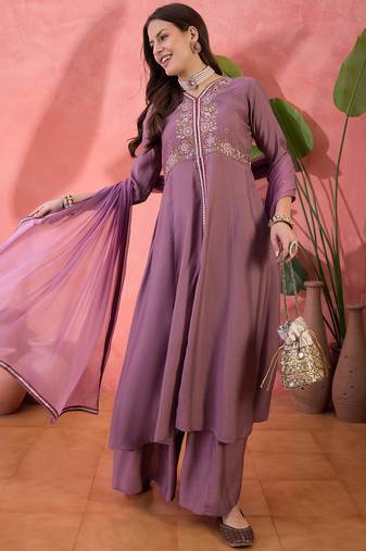 Purple color ethnic resham embroidered festive wear ceremonial kurta set