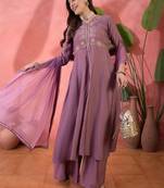 Purple color ethnic resham embroidered festive wear ceremonial kurta set
