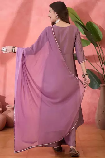 Purple color resham embroidered festive wear ceremonial kurta set