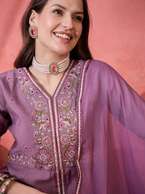 Purple color resham embroidered festive wear ceremonial kurta set 3