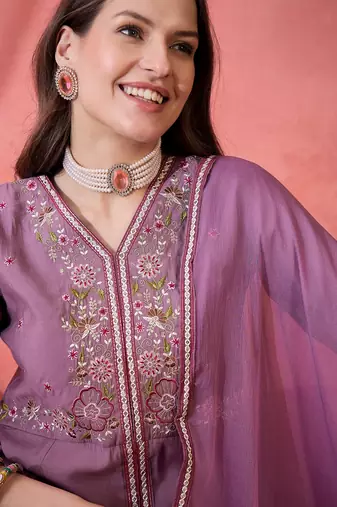 Purple color resham embroidered festive wear ceremonial kurta set