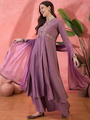 Purple color resham embroidered festive wear ceremonial kurta set 4