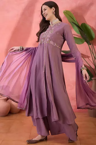 Purple color resham embroidered festive wear ceremonial kurta set