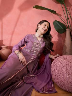 Purple color resham embroidered festive wear ceremonial kurta set 5