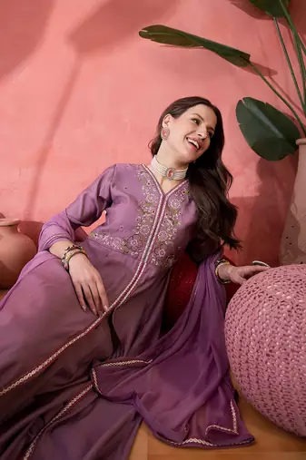 Purple color resham embroidered festive wear ceremonial kurta set