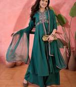 Green color ethnic resham embroidered festive wear ceremonial kurta set