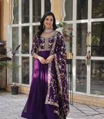 Purple color designer ceremonial wear long gown with dupatta with sequins work