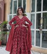 Maroon color beautiful cotton kurta set with festive floral print