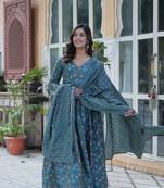 Rama color beautiful cotton kurta set with festive floral print
