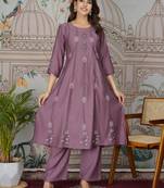 Purple color viscose roman silk fabric smart formal looks readymade kurta set