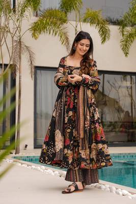 Black color mal cotton partywear long suit for graceful ethnic looks 1