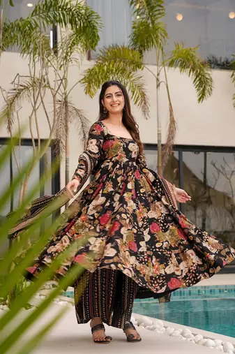 Black color mal cotton partywear long suit for graceful looks