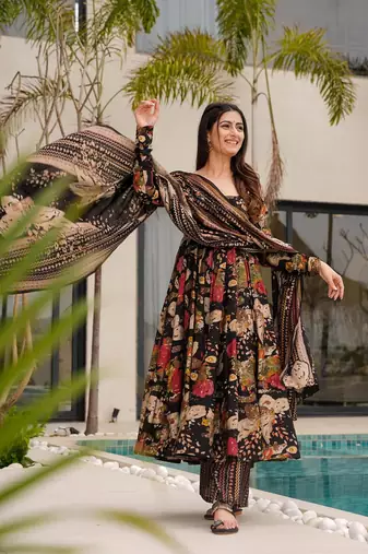 Black color mal cotton partywear long suit for graceful looks