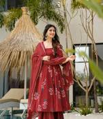 Maroon color mal cotton designer partywear long suit for graceful ethnic looks