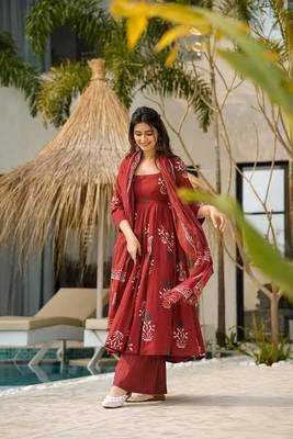 Maroon color mal cotton partywear long suit for graceful ethnic looks 2