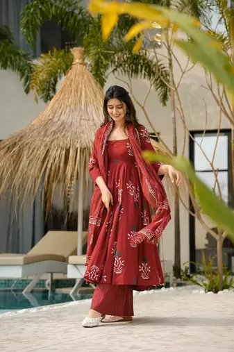 Maroon color mal cotton partywear long suit for graceful looks