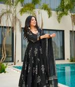 Black color mal cotton designer partywear long suit for graceful ethnic looks