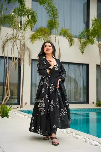Black color mal cotton partywear long suit for graceful looks
