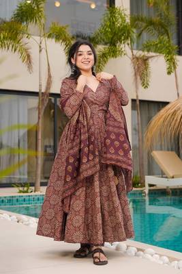 Brown color mal cotton partywear long suit for graceful ethnic looks 1