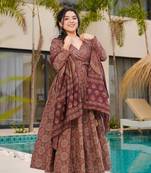 Brown color mal cotton designer partywear long suit for graceful ethnic looks
