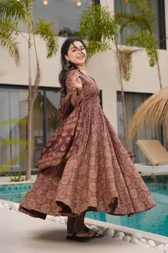 Brown color mal cotton partywear long suit for graceful looks