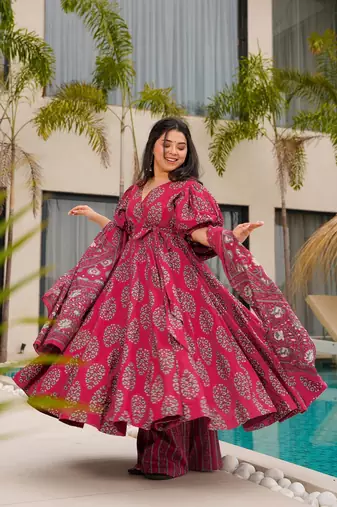 Pink color mal cotton partywear long suit for graceful looks