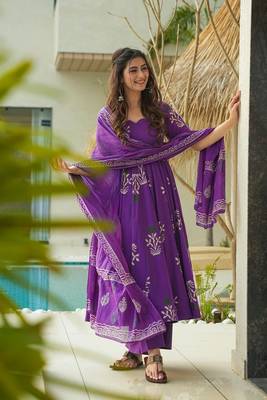 Purple color mal cotton partywear long suit for graceful ethnic looks 2