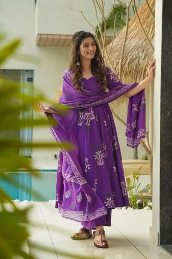Purple color mal cotton partywear long suit for graceful looks