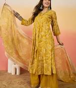 Mustard color roman silk fabric beautiful ceremonial wear readymade palazzo dress